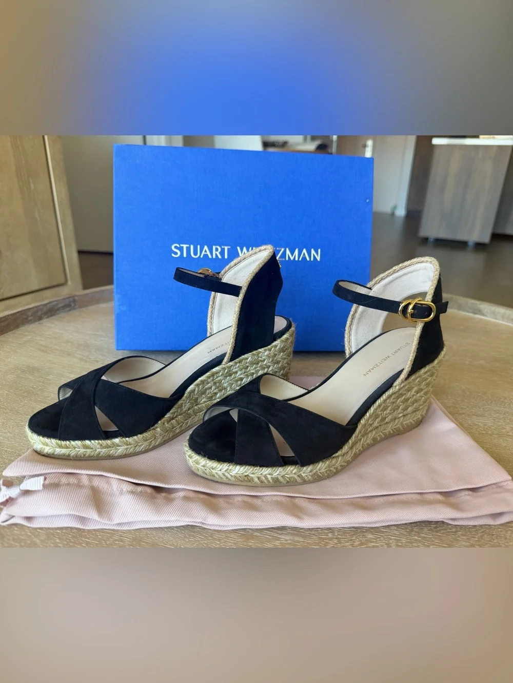 STUART WEITZMAN Mirela Black Espadrille Wedge Sandal - Size 7